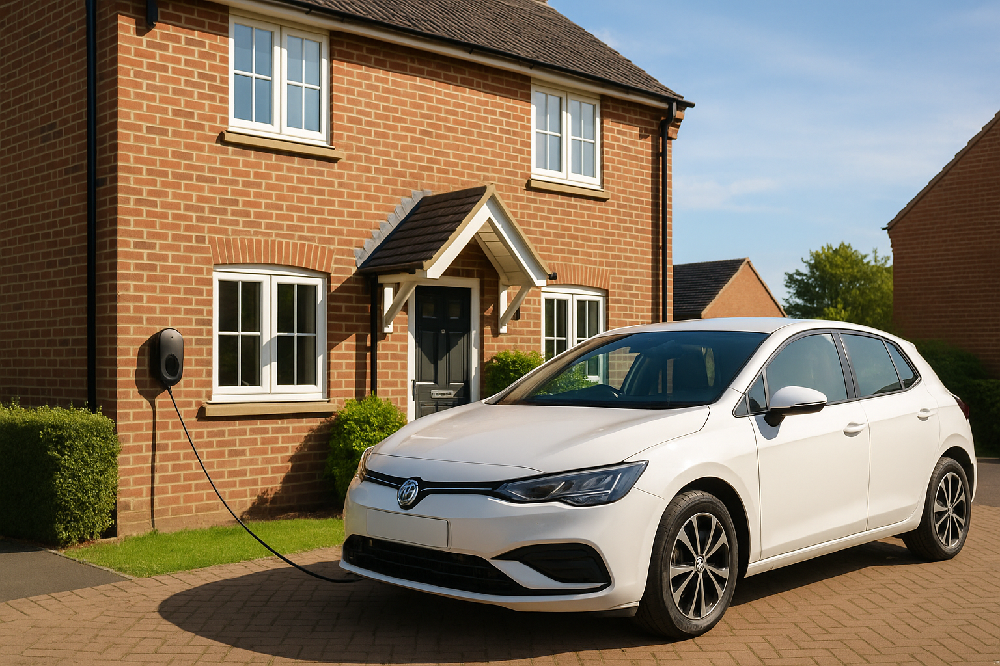 A high-quality image of a UK home with a driveway-mounted EV charger in use, ideally featuring a family car.